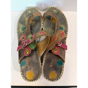 L'Artiste by Spring Step Botanical Floral Leather Wedge Thong Sandals Brown 40